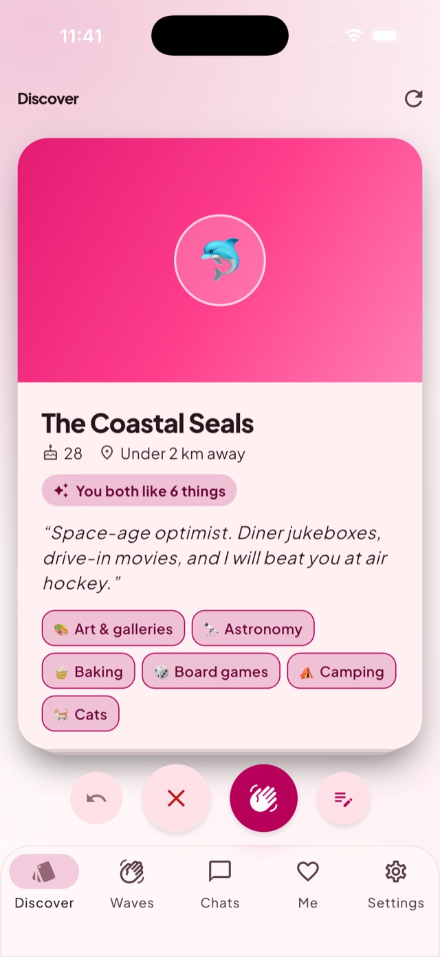 A Kindred profile card. It shows a nickname, how far away they are, a short bio and the interests you share. There is no photo.