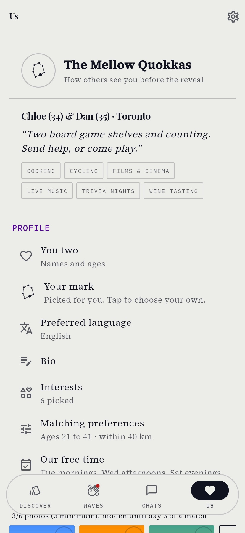 The profile screen in couples mode
