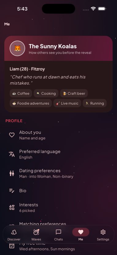The profile screen in dating mode