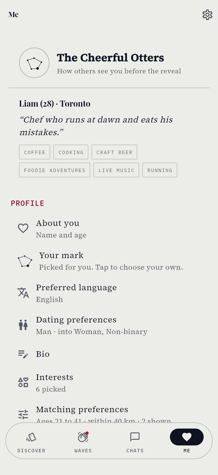 The profile screen in dating mode
