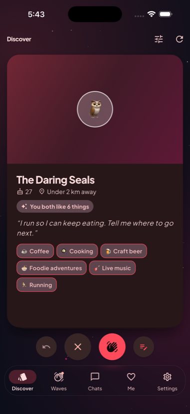 A dating profile with interests and no photo