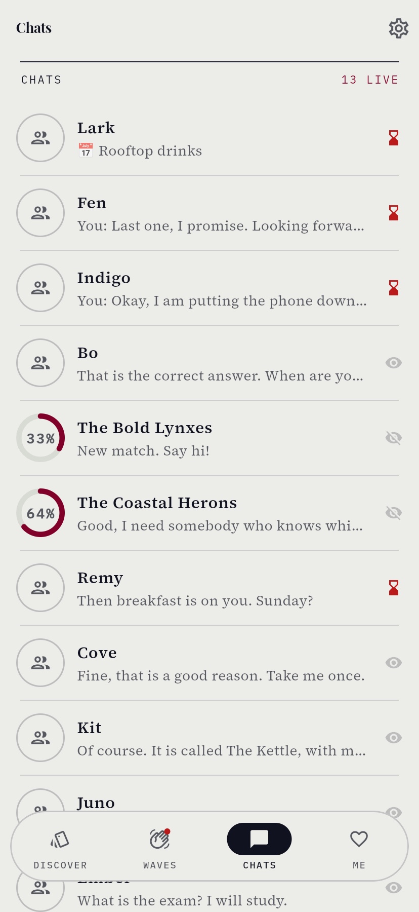 The chat list in dating mode