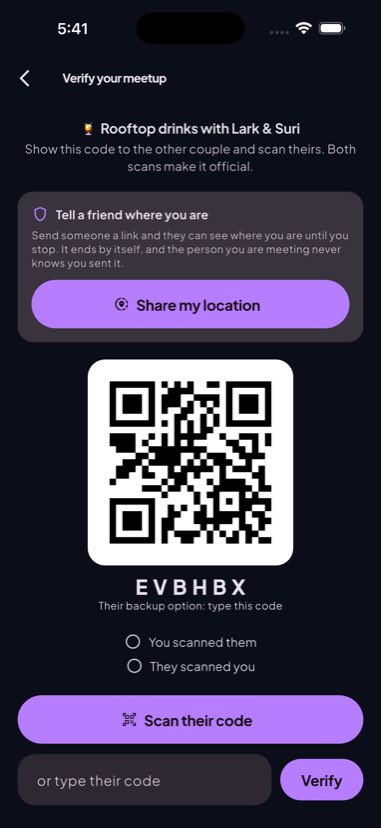 The meetup screen showing a QR code, a backup code and a share location button