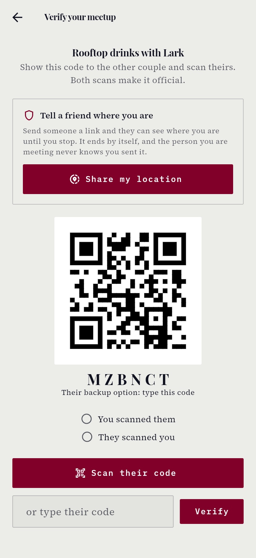 The meetup screen showing a QR code, a backup code and a share location button