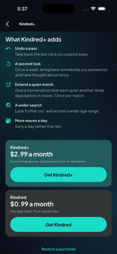 The Kindred+ screen listing what the subscription adds