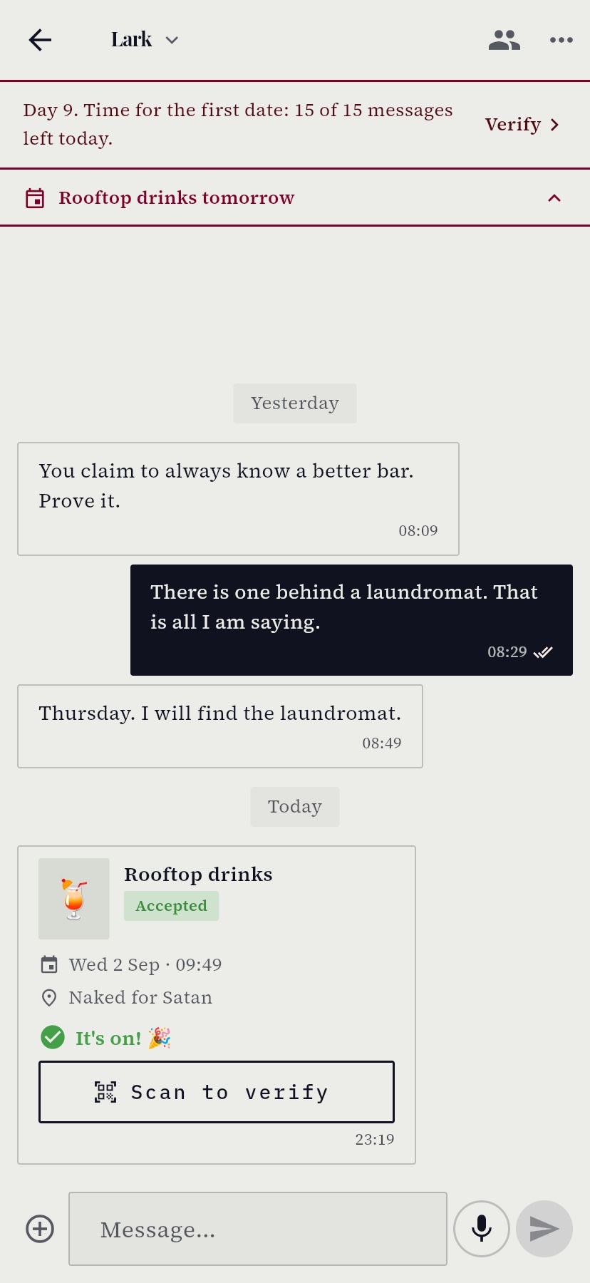 A chat headed Day 9, time to meet in person, with fourteen of fifteen messages left today and a Plan it button
