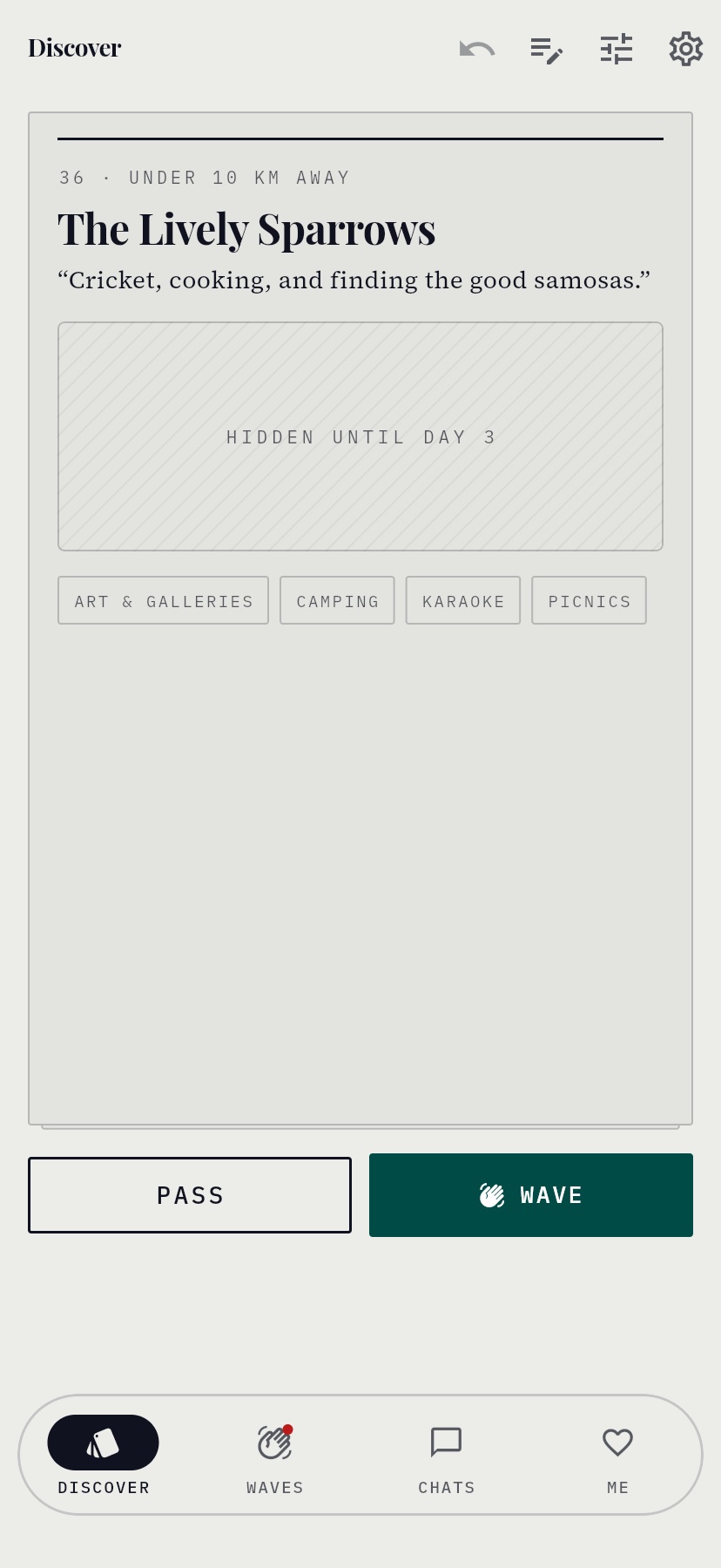 A profile card showing interests, an approximate distance and a short bio, with no photograph