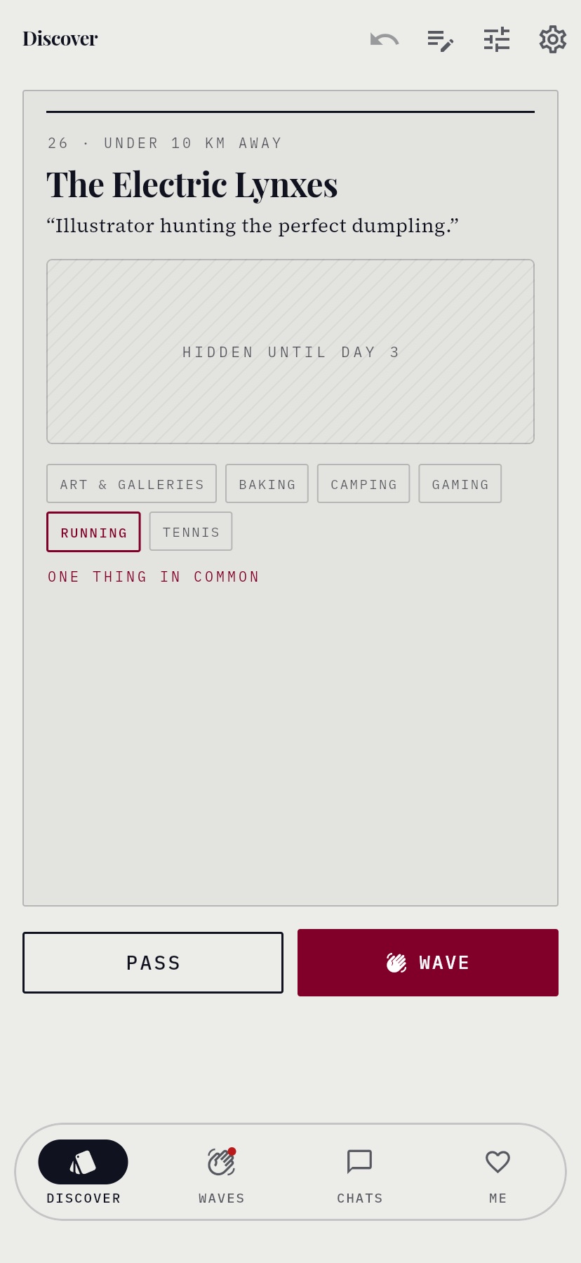 The same blind card in dating mode, showing that dating, friends and couples are separate
